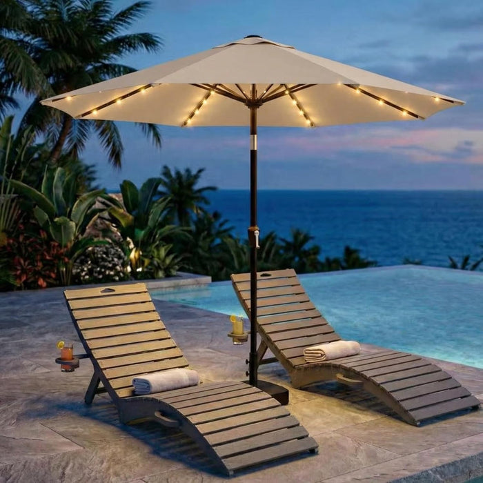 9FT Outdoor Patio Umbrella with Solar Lights, Market Table Umbrella with Push Button Tilt & Crank, 8 Sturdy Ribs, 32 LED Lights, UV Protection for Garden Lawn Deck Backyard Pool (Beige)