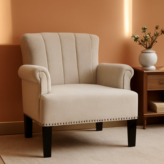 Modern Accent Living Room Chairs, Comfy Polyester Upholstered Club Chair with Rivet Tufted Scroll Arm, Tufted Arm Chair for Living Room, Reading Room, Bedroom,Cream+Polyester