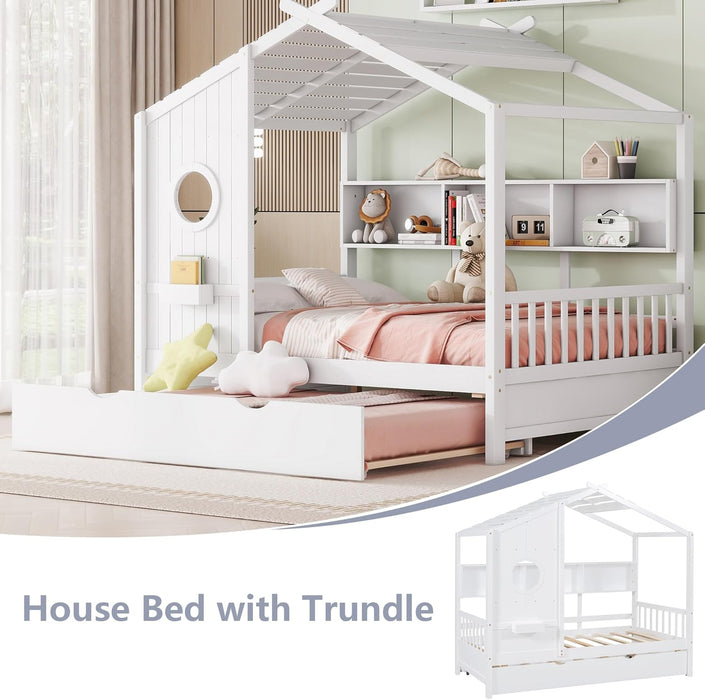 White Full Size PlayhousePlatform Bed With WindowAndFence