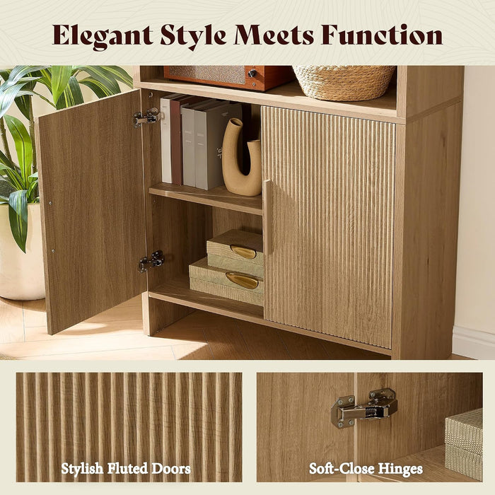 71" Modern Bookcase Set of 2 with Storage Cabinet & Fluted Doors | 6-Tier Bookshelf with 3 Adjustable Shelves, Wood Curved Display Cabinet for Living Room, Dining Room, Home Office, Natural