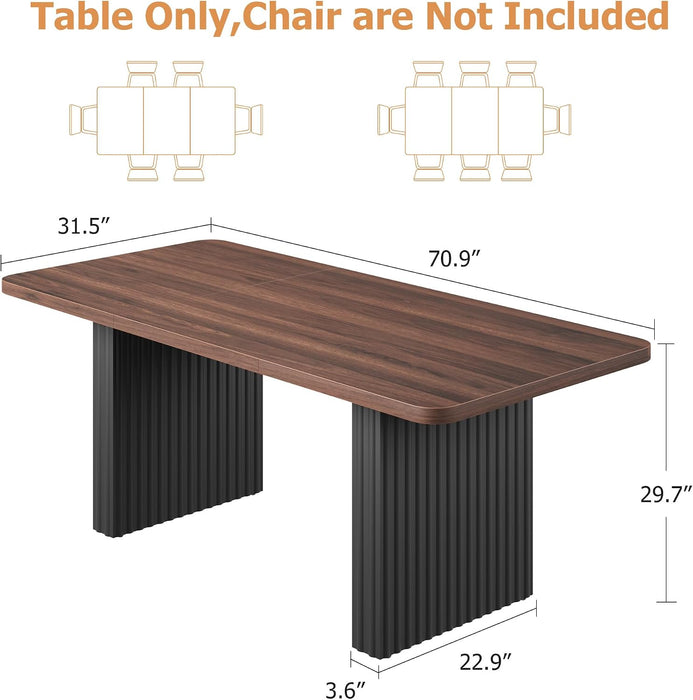 Modern Dining Table for 6-8, 71" Rectangular Farmhouse Kitchen Table with 3.6"×22.9" Black Fluted Wave Metal Legs & Wooden Top, Large Dining Table for Home Office, Dining, Walnut