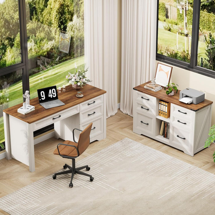 Farmhouse Lateral File Cabinet with 6 Drawers, Rustic White