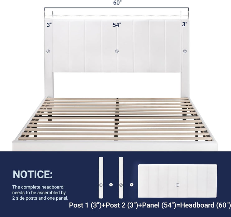 Queen Bed Frame/Velvet Upholstered Bed Frame with Vertical Channel Tufted Headboard/Strong Wooden Slats/Platform Bed Frame/Mattress Foundation/Box Spring Optional/Easy Assembly/White