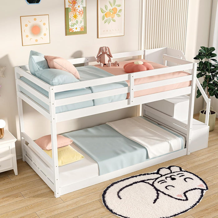 Twin over Twin Bunk Bed with Stairs, Solid Wood Floor Bunk Bed with Storage Staircase & Full-Length Guardrails, Low Bunk Bed with for Kids, Teens, Adults, Dorm, Small Space, White