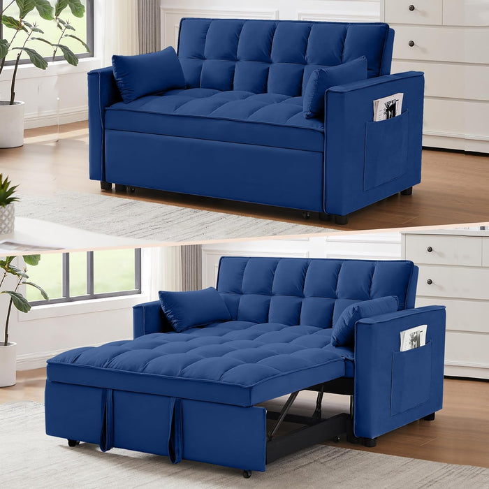 3 in 1 Convertible Sleeper Sofa Bed, Futon Couches for Living Room with Side Pocket | Adjustable Backrest| Velvet Fabric | Pull Out Couch | Recliner Loveseat | Sectional Sofa, Blue