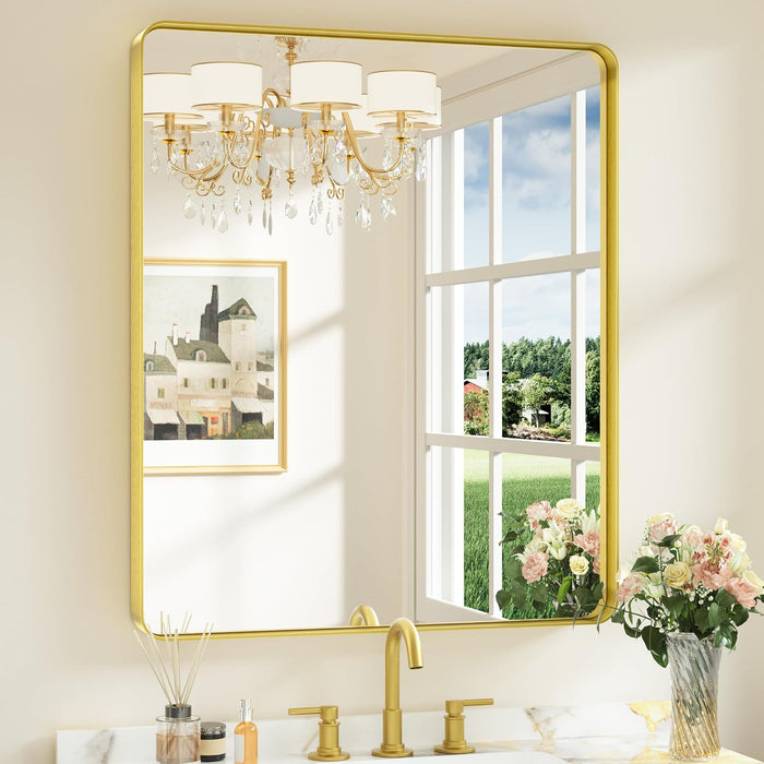 30 X 36 Inch Brushed Gold Bathroom Vanity Mirror, Aluminum Frame