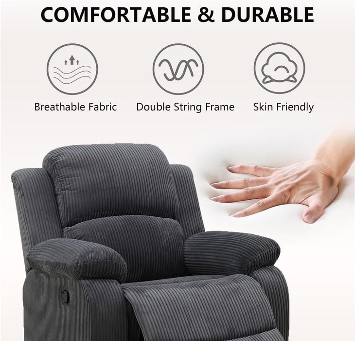 Manual Reclining Sofa Set with Drop-Down Table, Corduroy Sofa Sets, Living Room Furniture Sets, Modern Manual Recliner Sofa Sets with Storage Console for Living Room (Dark Grey, Sectional+Chair)