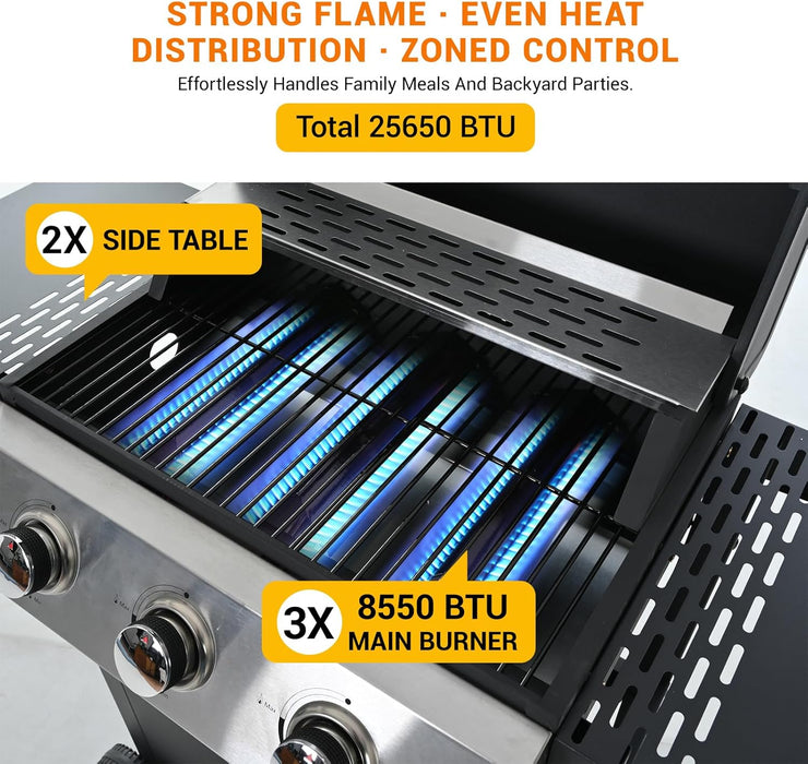 Stainless Steel 3-Burner Gas Grill, 25650 BTU Outdoor BBQ Grill with Side Table, 338 Sq.In Cooking Area, Perfect for Patio, Deck & Family Barbecues