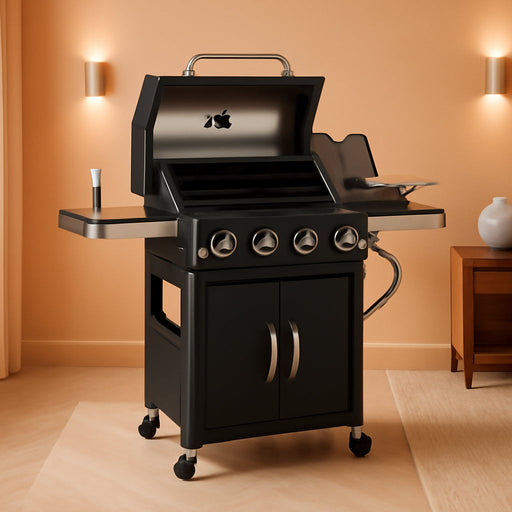 4 Burners Propane Gas Grill and Griddle Combo with Side Burner, 2 in 1 Griddle Grill and Porcelain-Enameled Cast Iron Grates, 46,700 BTU Outdoor Cooking Barbecue Grill, Black