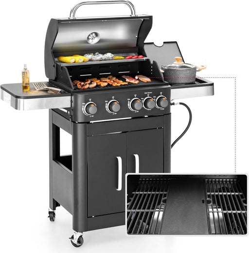 4 Burners Propane Gas Grill and Griddle Combo with Side Burner, 2 in 1 Griddle Grill and Porcelain-Enameled Cast Iron Grates, 46,700 BTU Outdoor Cooking Barbecue Grill, Black