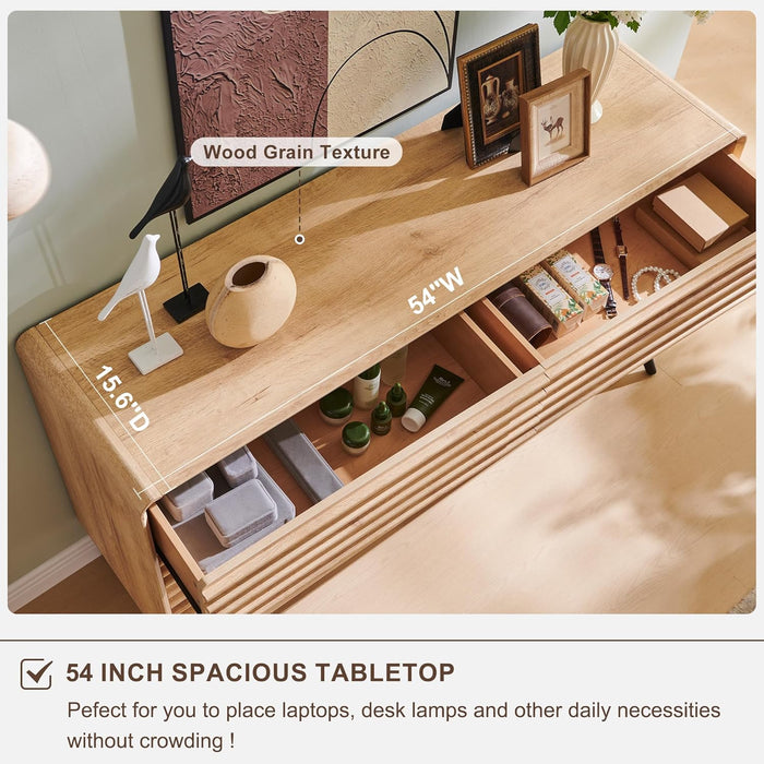 54 Inch Dresser Fluted NaturalOak SolidWood Drawers