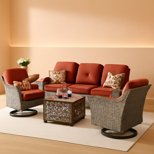 5 Piece Outdoor Patio Furniture with 3 Seat Sofa,Rattan Wicker Coversation Set with Swivel Rocking Chair,Balcony Sofa Set with Shiny Table for outside Porch Backyard Pool,Orange