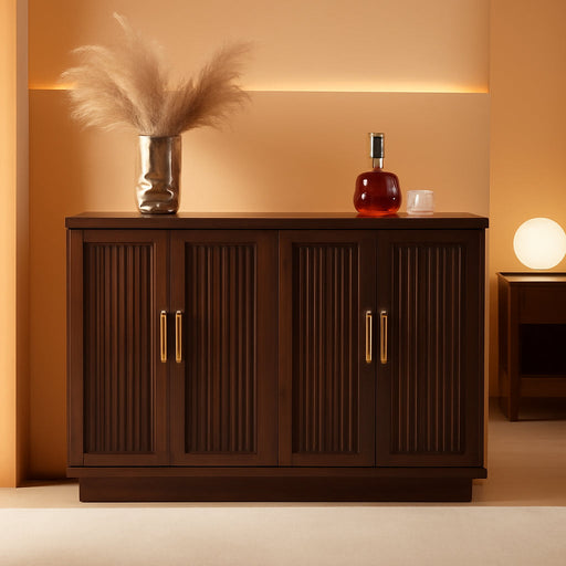 Modern Sideboard Buffet Cabinet with Storage, Walnut | Fluted Coffee Bar Cabinet with 4 Doors & Adjustable Shelves for Kitchen, Dining Room, Living Room & Hallway