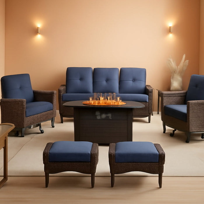 8 Piece Patio Furniture Set with 50000 BTU Propane Fire Pit Table, Outdoor Conversation Set with 2 Swivel Rocker Chairs Wicker Sofa and Ottomans for Casual Gatherings