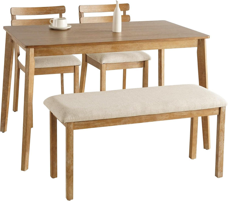4-Piece Farmhouse Dining Set, Wooden Table with 2 Chairs, Bench Seat, Mid-Century Modern Wooden Table & Upholstered Chair Set for Home, Kitchen, Dining Room, Solidwood Legs