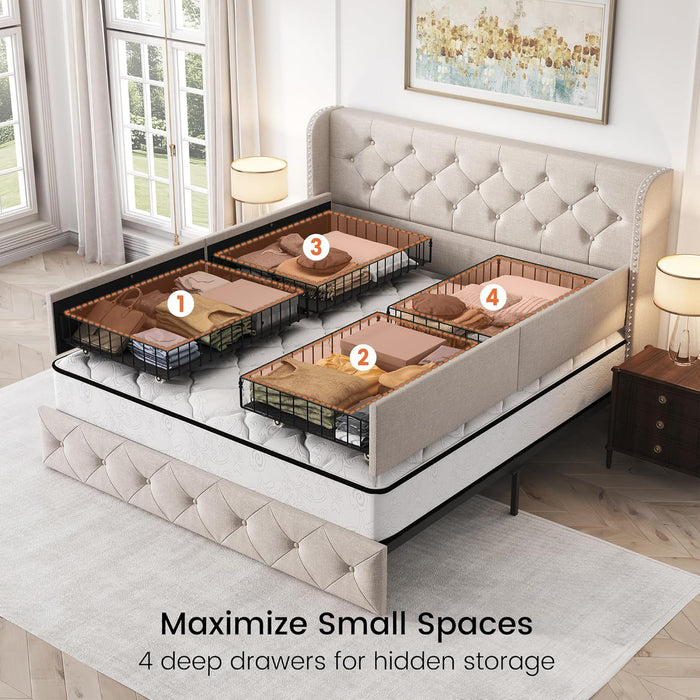 Queen Size Bed Frame with 4 Storage Drawers and Tufted Headboard Linen Upholstered Platform Bed Frame Wingback Beds with Wooden Slats Support, Easy Assembly, Beige