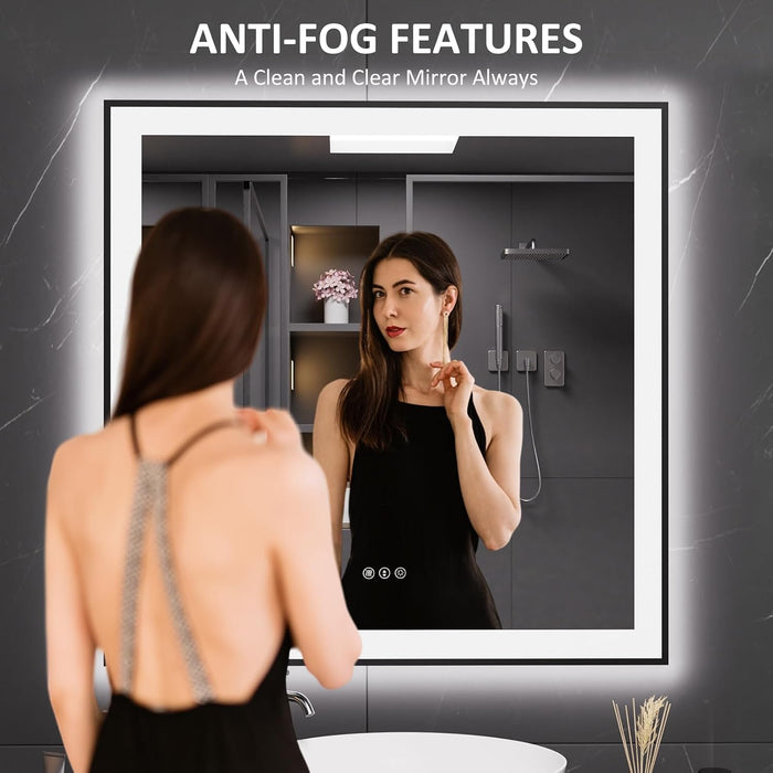 36"X36" LED Bathroom Mirror Black Framed