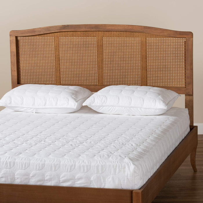 Marieke Mid-Century Modern Ash Wanut Finished Wood and Synthetic Rattan Queen Size Headboard