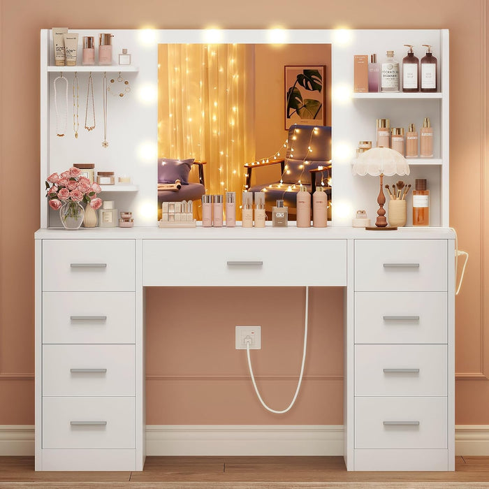 Vanity Desk with Mirror and Lights, Makeup Vanity with 9 Drawers, 4 Shelves & 5 Jewel Hooks, White Vanity with Outlet & 3-Color Dimmable LED, Dressing Table for Women, Bedroom, White