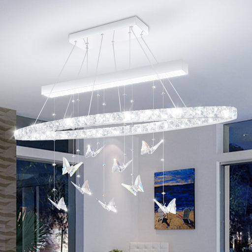 32 Inch Silver Crystal Butterfly Chandelier, Adjustable Hanging Linear Chandeliers, Oval Rings Chandelier for Dining Room, Living Room, Foyer