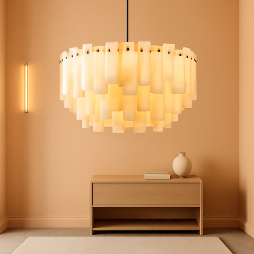 Alabaster Chandelier, 24" Spanish Alabaster round Chandeliers 2-Tier,Modern Adjustable Gold Marble Pendant Chandeliers for Dining Room, Living Room, Bedroom,Foyer,Bathroom, Included E12 Bulb