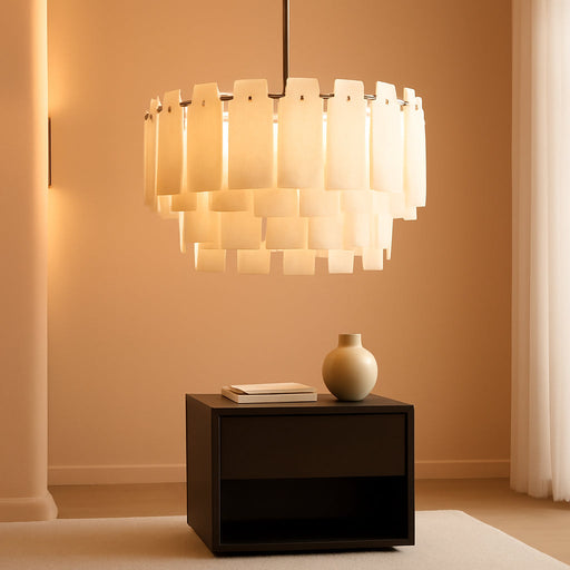 Alabaster Chandelier, 24" Spanish Alabaster round Chandeliers 2-Tier,Modern Adjustable Gold Marble Pendant Chandeliers for Dining Room, Living Room, Bedroom,Foyer,Bathroom, Included E12 Bulb