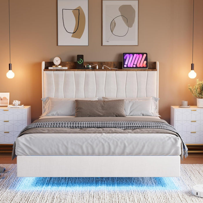 King Floating Bed Frame with LED Lights & Charging Station, Upholstered Platform Bed with Storage Headboard, Wood Slats Support, No Box Spring Needed, Easy to Assemble, White