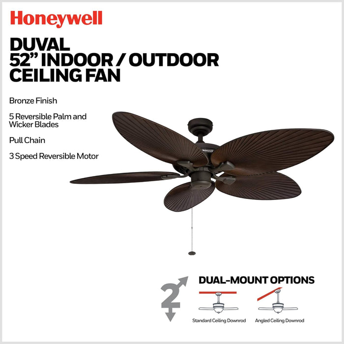 Ceiling Fans Duval 52 Inch Ceiling Fan, Quick 2 Hang Indoor/Outdoor Ceiling Fan with Pull Chain, Tri-Mount 5 Blade Tropical Design, ETL Damp Rated, Bronze (50201-01)