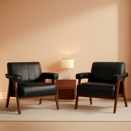 Mid Century Modern Accent Chair Set of 2, Black Leather Office Reading Accent Chairs, Small Comfy Side Arm Chairs for Living Room Bedroom, Wood Arms (2, Black)