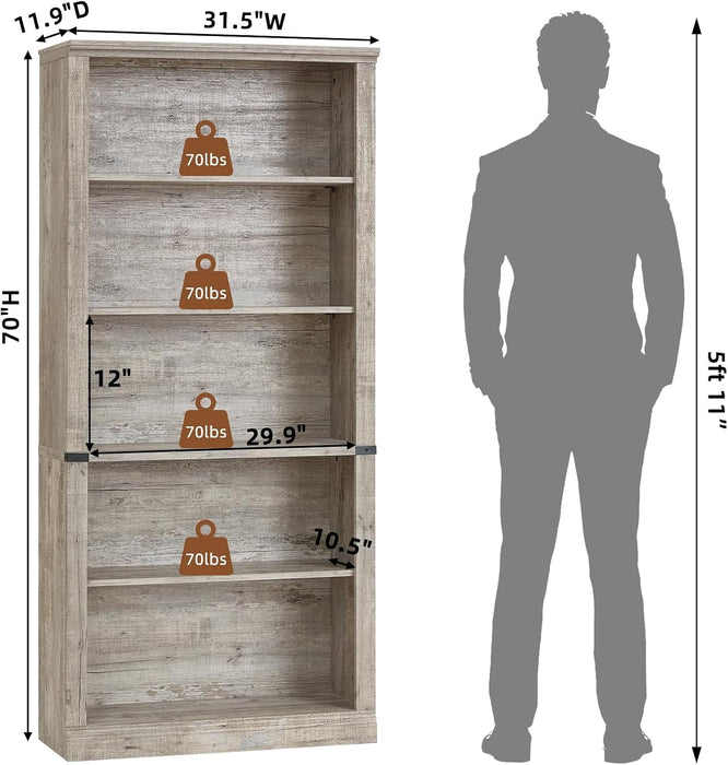 70" Grey Tall Bookcase, 5 Tier Wooden Standing Farmhouse Bookshelf