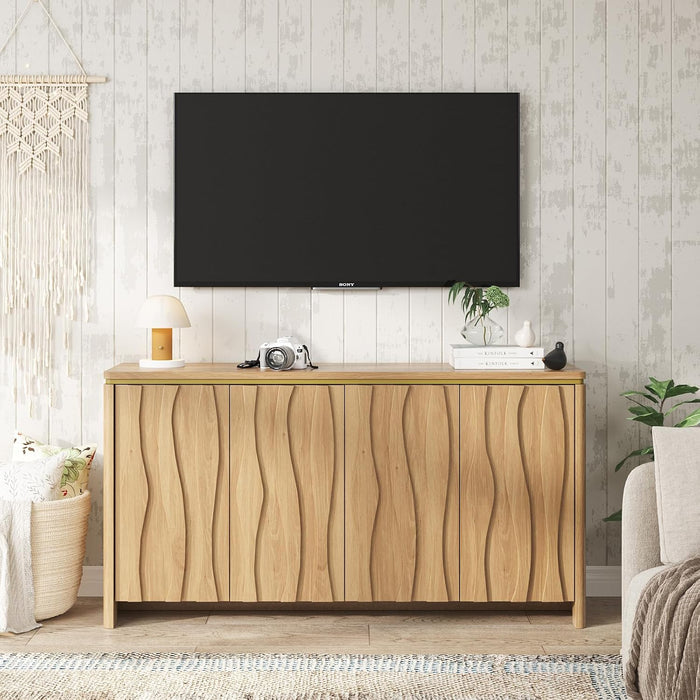 Fluted Buffet Cabinet with Storage, Kitchen Coffee Wine Bar Cabinet | Modern Sideboard Storage Cabinet with 3D Ripple Pattern Doors & Shelf for Dining Room,Living Room,Entryway, Natural, 57.9" W