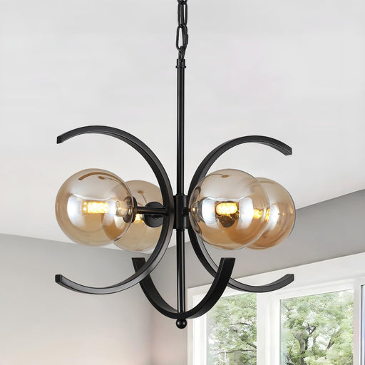 Modern Sputnik Chandelier,4-Light Black Chandelier with Amber Glass Globe Shades,Mid Century Industrial Chandeliers Dining Room Light Fixtures,Farmhouse Chandeliers for Dining Room Foyer Entryway
