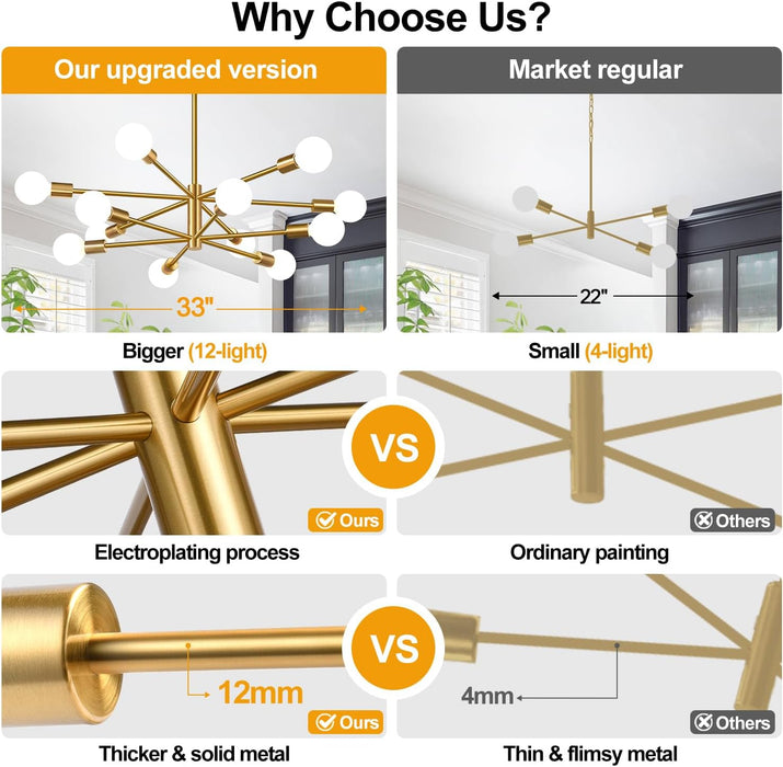 Height Adjustable Brushed Gold 12 Light Chandeliers