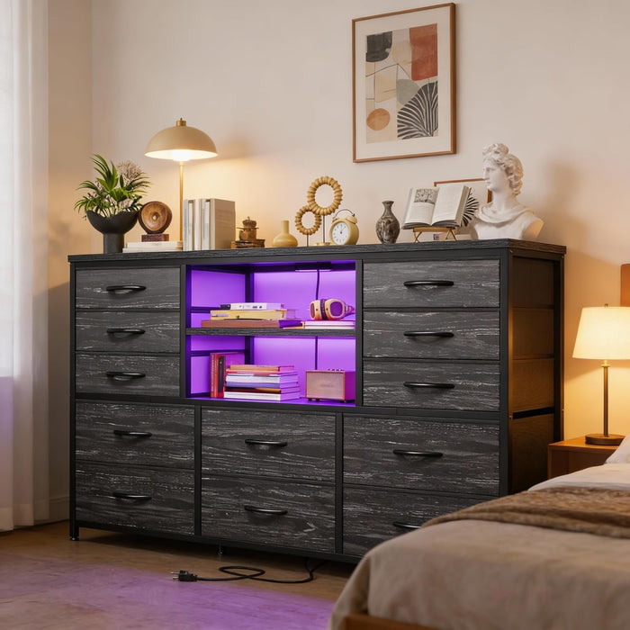 12 Drawers Dresser for Bedroom with LED Lights & Charging Station,Tv Stand for 55-60 Inch Tv,Fabric Dressers & Chests of Drawers with 3 Wooden Shelves for Hallway,Black Wood Grain