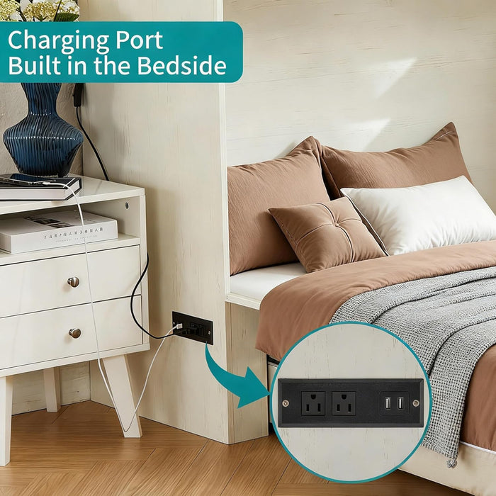 Queen Murphy Bed with Charging Station Large Storage Drawer Farmhouse Wood Space Saving Hidden Foldable Cabinet Bed for Bedroom Office School, Rustic White