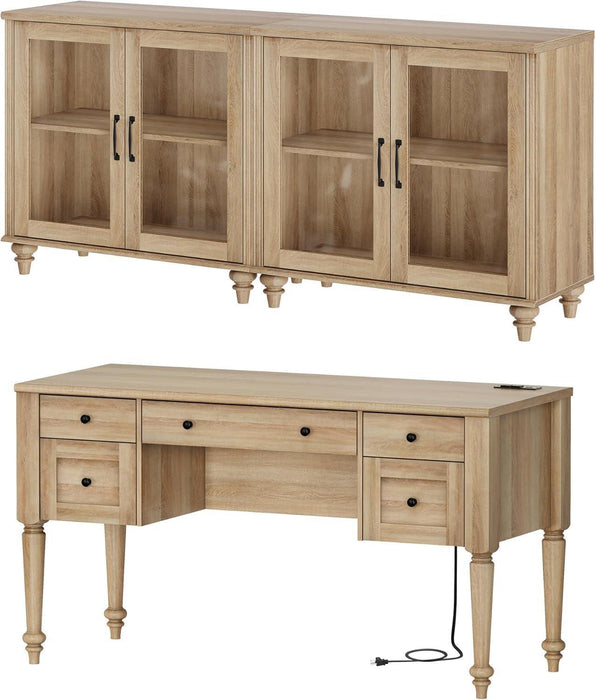 Distressed Oak Farmhouse Executive Desk Glass Cabinet