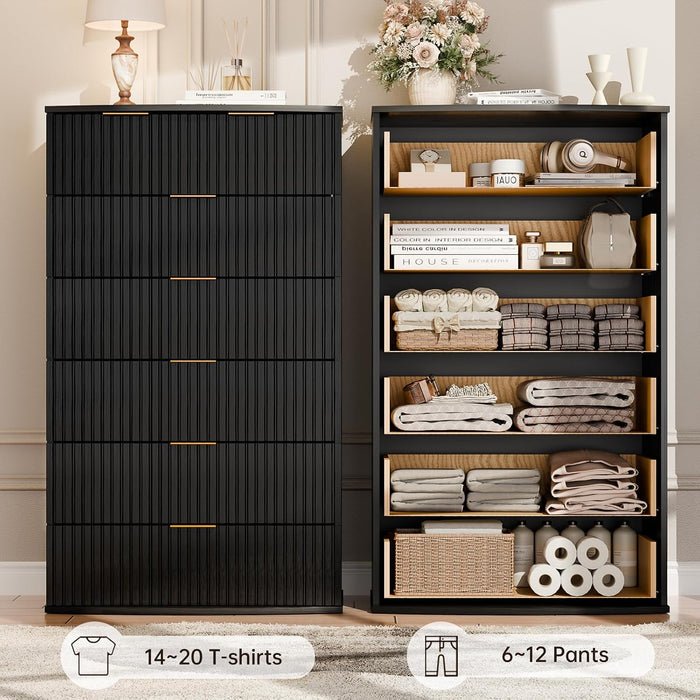 Fluted 6 Drawer Dresser for Bedroom,47'' Tall Chest of Drawer W/Gold Handle