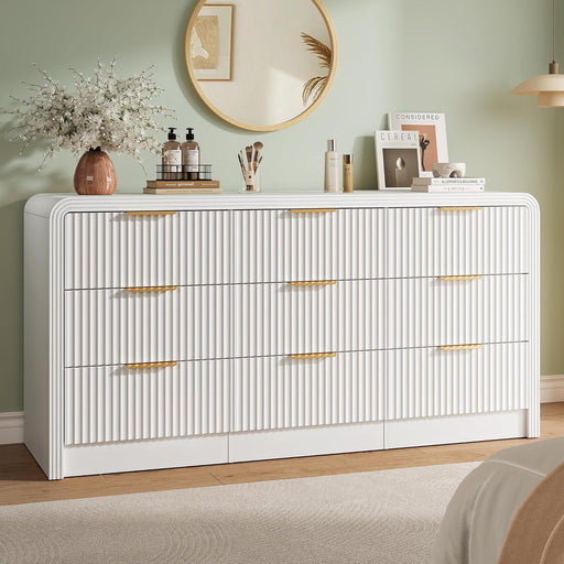 Fluted 9 Drawers Dresser, 63'' Wide Modern Chest of Drawers with round Edge & Metal Handle, Wood Drawer Organizer for Bedroom, Living Room, White