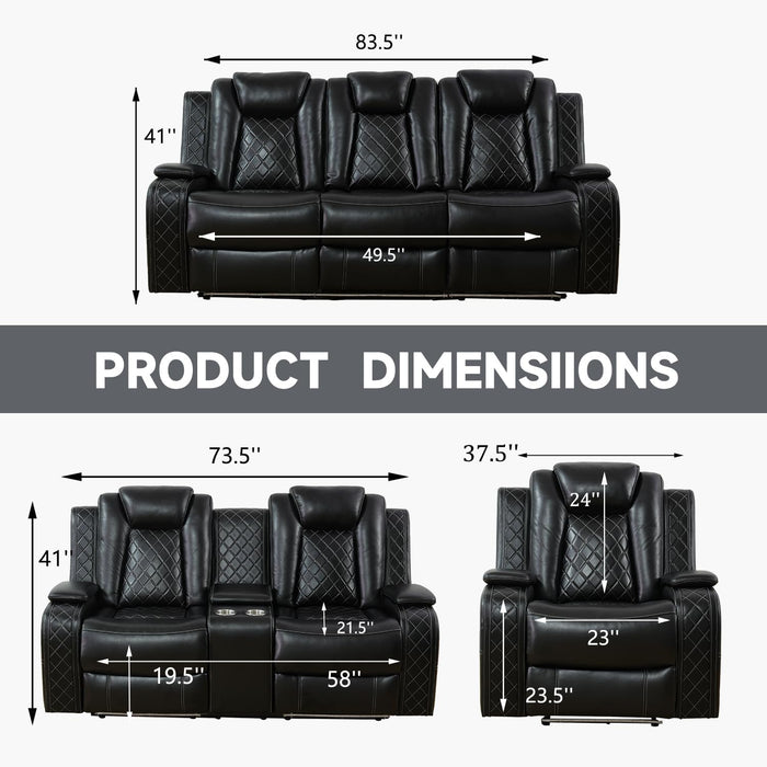 Power Reclining Sofa Set, Living Room Furniture Set with USB Ports, Leather Recliner Couches Set for Living Room/Apartment/Office/Home Theather (Black, Sofa+Loveseat+Chair)