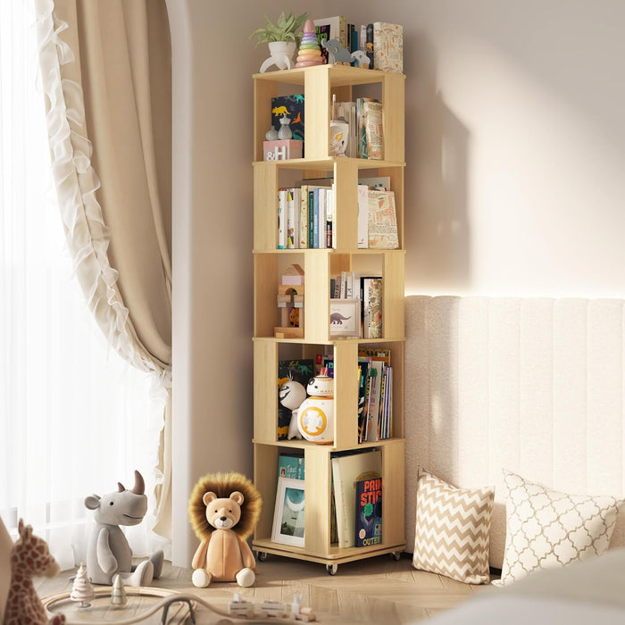 Five Tier Solid Wood Rotating Bookshelf NaturalFinish