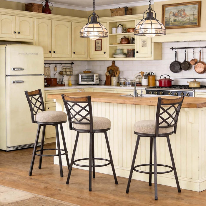 Swivel Bar Stools Set of 2, 25/30 Inch Adjustable Beige Fabric Bar Chairs with Antique Brass Frame, Mid-Century Counter Barstools with Back for Kitchen Island