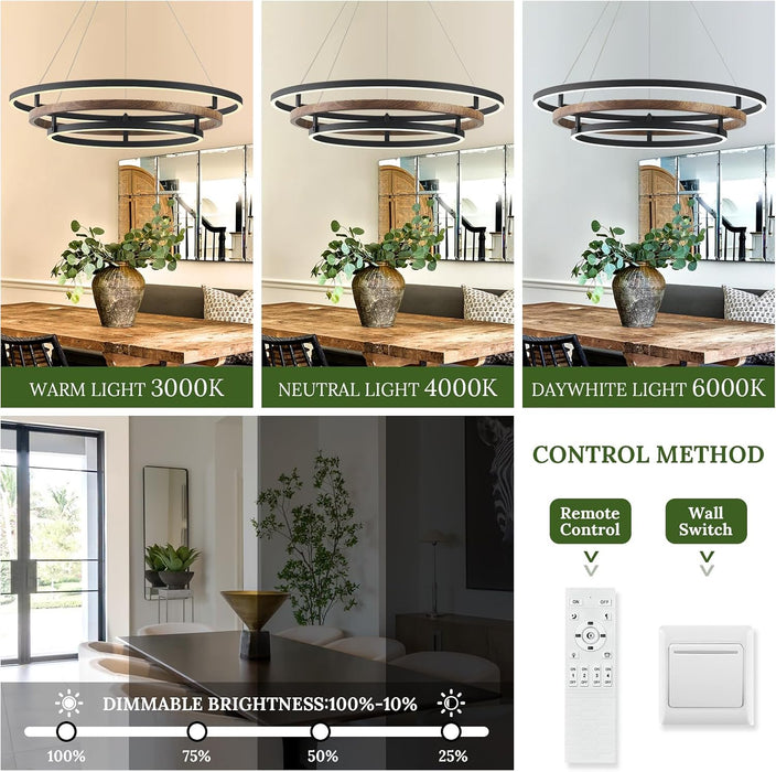 3 Ring LED Chandelier Modern Chandeliers Walnut Wood Black Dimmable 31''