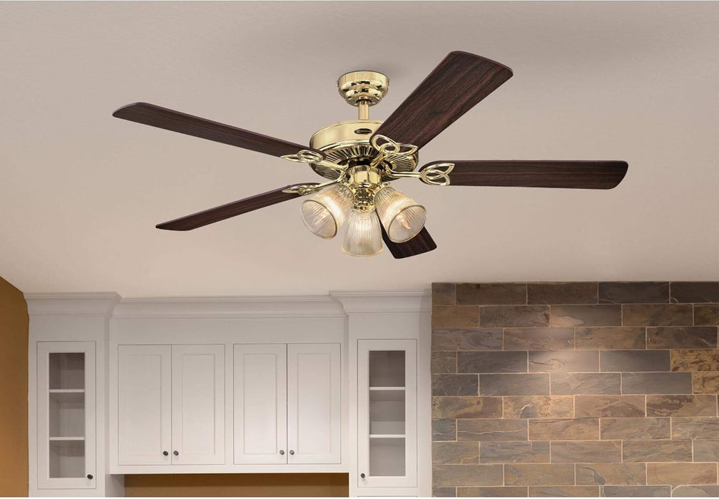 Westinghouse 7233800 Vintage Ceiling Fan with Light, 52 In., Polished Brass