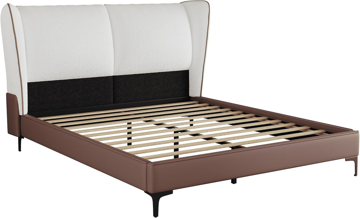 Queen Size Teddy Fleece Thick Fabric Upholstered Platform Bed,Cloud Bed Frame with Wingback Headboard,Bed Frame with Piping,Pu Upholstered Bed Frame,No Box Spring Needed, Easily Assembly,White