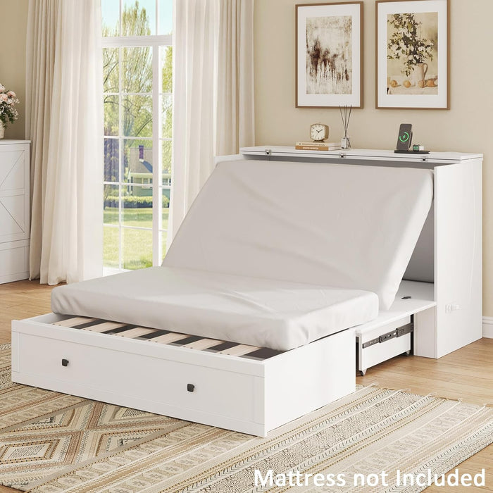 Full Size Murphy Bed with Charging Station - Wall Mounted Hideaway Cabinet Bed, Foldable Panel & Large Storage Drawer for Home Office,Small Room,Guest Bedroom,Living Room, White