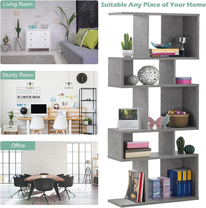 5-Tier Geometric Bookshelf Set of 2, 70'' Tall Wood Freestanding Decorative Display Open Shelves with Anti-Tipping Device, Each Shelf Holds up to 44 Lbs, Wooden S Shaped Bookcase, Gray