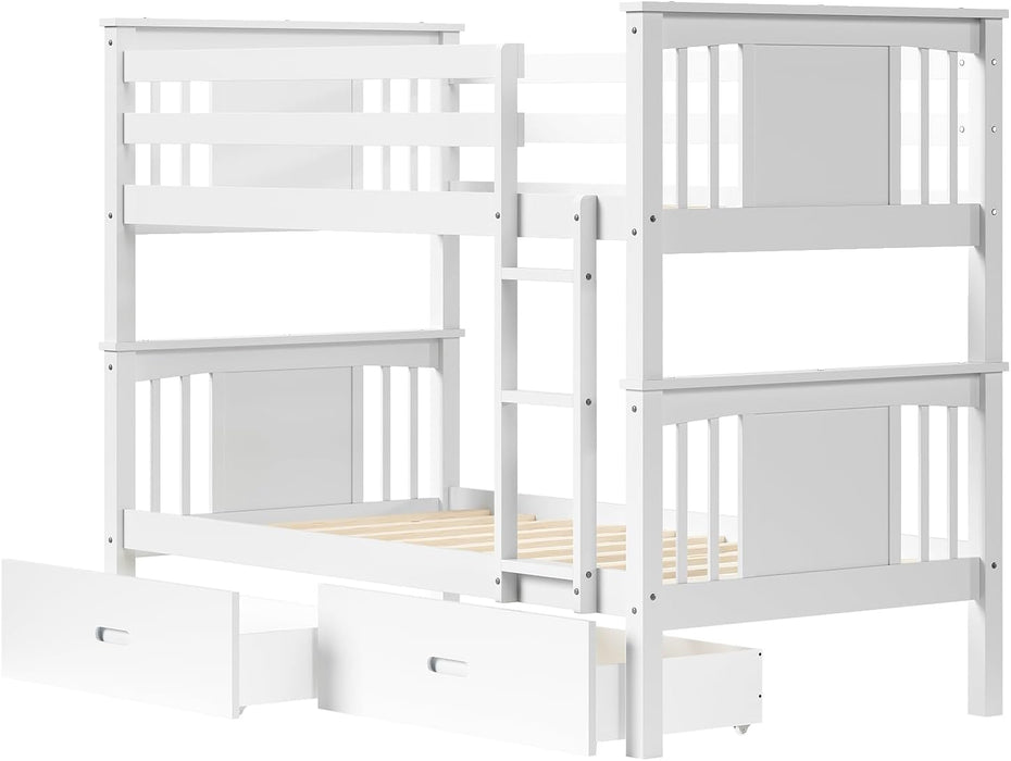 Premium Solid Hardwood Twin Bunk Bed IntegratedDrawers