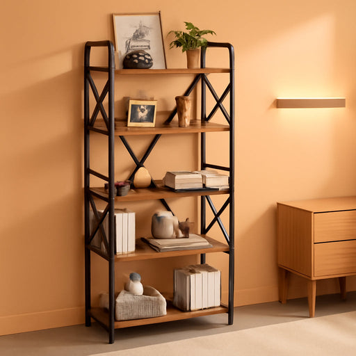 Folding Bookshelf 5 Tiers,No Assembly, Metal Storage,Rustic Brown | 55.3''H Vintage Wood Collapsible Foldable Bookcase,Metal Storage Rack Organizer for Living Room, Bedroom, Home Office