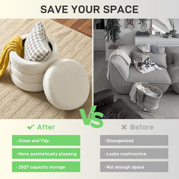 Round Ottoman with Storage Boucle Ottoman Stool with Storage Removable Lid for Living Room Modern Vanity Sorage Stool Foot Rest Bedroom Dorm Gift Set of 1 (White)