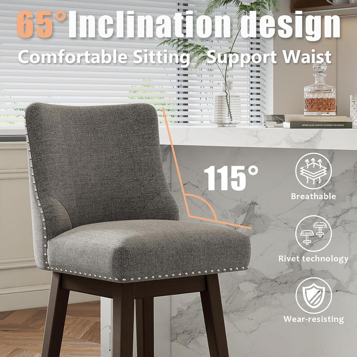 26 Inch Bar Stools Set of 3, Counter Height Swivel Barstools with Back, Solid Wood Legs with Footrest for Kitchen Island (Dark Grey Linen, 3)